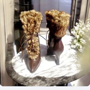 Elegant Brown Faux Fur 4 Inches Heeled Boots